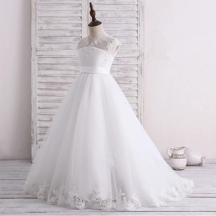 Elegant White Court Train Appliques First Communion Dresses For Girls Flower Girl Dresses For Weddings Fd153